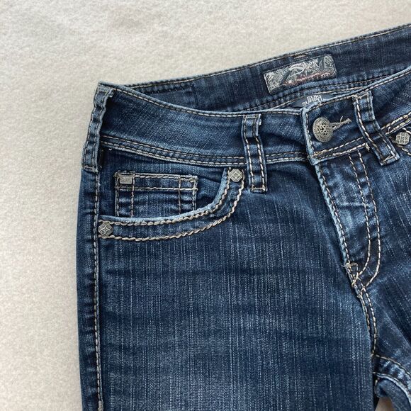 Silver Jeans Suki Surplus Women's 28x30 Bootcut Dark Blue Stretch Denim Grunge - Picture 3 of 16